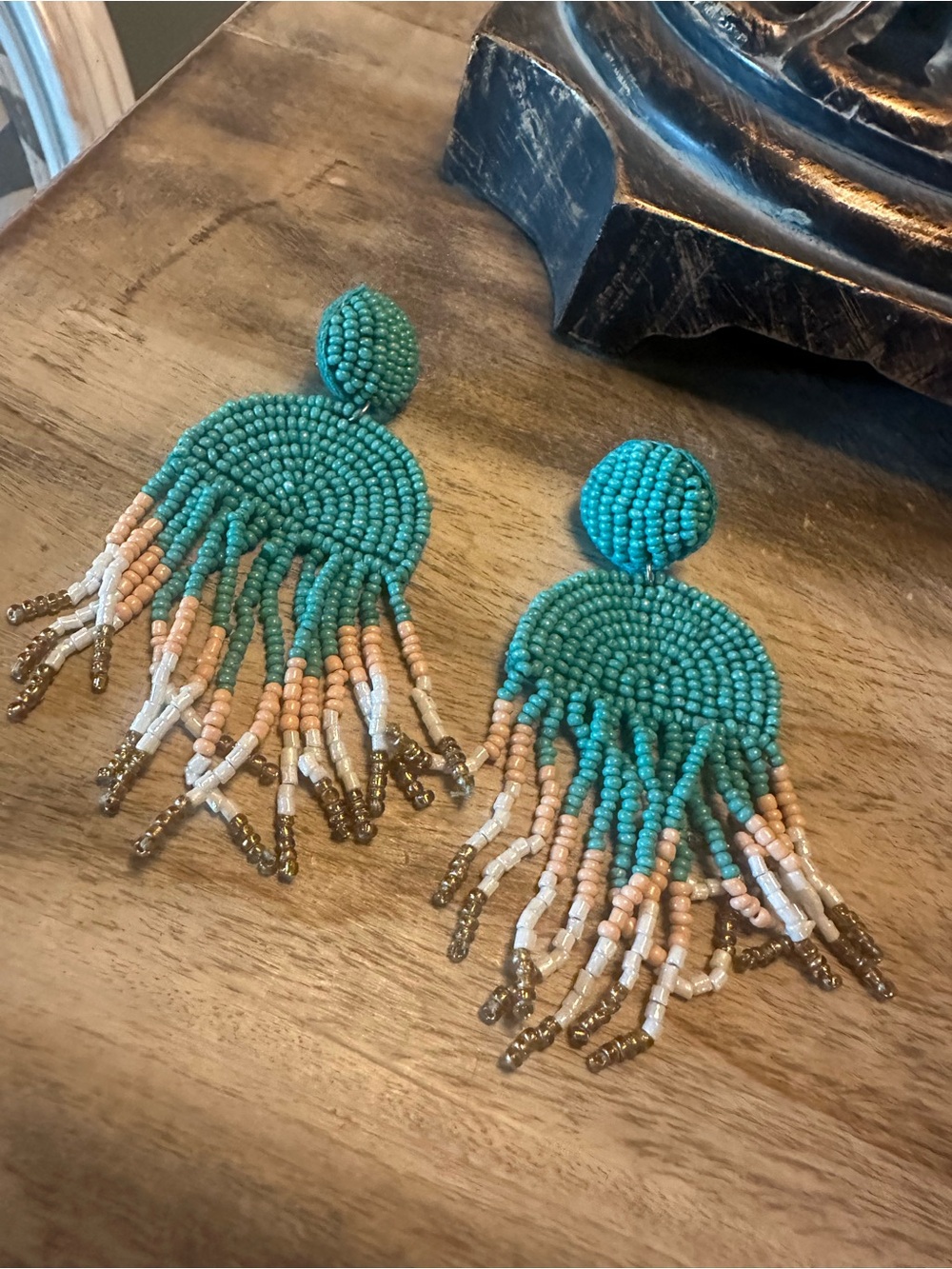 Beaded Fringe Drop Earrings - Turquoise & Tan